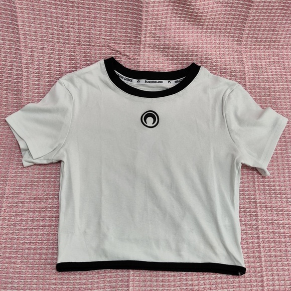 Marine Serre Tops - Marine Serre White Cropped Moon Logo Ringer Tee with Black Trim